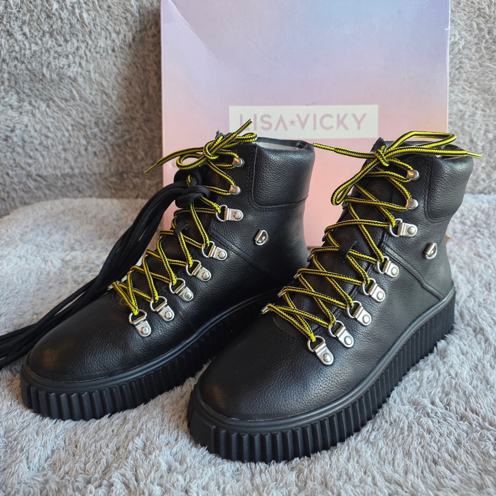 Lisa Vicky Black Milled Leather‎ Ankle Boots Moto Army Lace Up Lug Women's 8.5M
